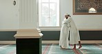 Muslim, Islam and people hug in mosque for community, support and greeting in holy temple. Religion, prayer and happy men in religious building for Ramadan Kareem, Eid Mubarak and praying together