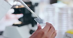 Hands, scientist and pipette on plate in close up of research, study experiment or test. Science, doctor and dropper of chemical sample in medical exam of liquid medicine in biotechnology laboratory