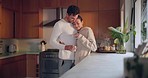 Coffee, love or happy couple hug in kitchen for romance, care or bonding together in an intimate connection. Man, woman or people embrace in celebration of marriage anniversary in the morning at home