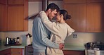 Couple, hug and forehead in kitchen, love and intimate romance with care, bonding and happy for connection. Young man, woman and together with embrace, memory or anniversary in profile, date or house