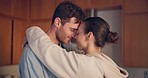 Couple, hug and forehead in kitchen, romance and intimate love with care, bonding and happy for connection. Young man, woman and together with embrace, memory or anniversary in profile, date and home