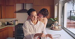 Bake, love or happy couple kiss in kitchen for romance, care or bonding together with an intimate connection. Man, woman and romantic people hug in the morning at home cooking breakfast with smile