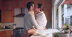 Relax, love or couple kiss in kitchen for romance, care or bonding together in an intimate connection. Man, woman and romantic people hug in celebration of marriage anniversary in the morning at home