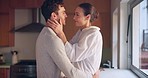 Hug, love or couple talking in kitchen for romance, care or bonding together in an intimate connection. Man, woman or romantic people speaking of marriage anniversary in the morning at home to relax