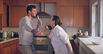 Singing, happy or couple in home kitchen bonding together for a fun memory on holiday vacation. Cooking, woman or excited man dancing in celebration of marriage anniversary in the morning to relax