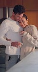 Coffee, care or happy couple hug in kitchen for romance, care or bond together in an intimate connection. Man, woman thinking or romantic people embrace on marriage anniversary in the morning at home