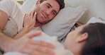 Face, love and happy with a couple in bed together to relax in the morning of a weekend for romance. Smile, cute and a man talking to his wife in the home bedroom closeup for relationship bonding