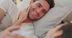 Face, love and happy with a couple in bedroom together to relax in the morning of a weekend for romance. Smile, cute and a man talking to his wife in bed at home closeup for relationship bonding