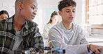 Robotics, education and students with laptop at school learning coding, future or programming. Teenager children in class for technology, electronics or science as development, innovation or teamwork