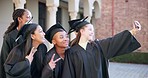 University graduation group, students and selfie smile for learning community, school photography or learner memory photo. College campus, friends or people post profile picture to social network app