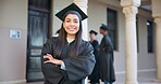 University, graduate and portrait of woman with arms crossed in pride of degree, achievement and success in education. College, graduation cap and face of happy student on campus with scholarship