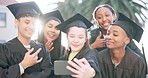 University student graduation, friends or happy selfie for graduate success, academy or online memory photo. College campus study, sunshine flare or people post school profile picture to social media