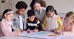 Children in classroom, drawing and art with teacher for earth day, eco friendly education and kindergarten. Creative poster project, group of school kids together, saving the planet and environment.