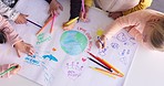 Kids in classroom, drawing and art from above for earth day, eco friendly education and kindergarten. Creative poster project, group of school children together, saving the planet and environment.