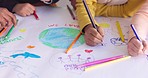 Children in classroom, drawing with color and art for earth day, eco friendly education and kindergarten. Creative poster project, group of school kids together, saving the planet and environment.