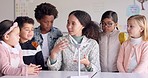 Science, windmill and teacher with kids in class learning clean energy or eco friendly information. Education, sustainability and woman teaching natural power or electricity to students at school.