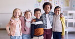 Face, children and happy group at kindergarten in classroom, bonding and education. Learning, portrait of friends and students smile, funny and laughing for knowledge, study and development at school