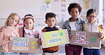 Poster, recycle and campaign with a children in a classroom to support sustainability on earth day. Portrait, education and kids in class for climate change awareness or going green initiative