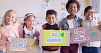 Poster, recycle and happy children in a classroom to support sustainability on earth day. Portrait, smile and campaign with kids in class for climate change awareness or going green initiative