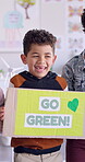 Poster, green and education with a child in classroom to support sustainability on earth day. Eco friendly, recycle or kids in elementary class learning climate change awareness or organic initiative