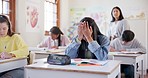 High school, classroom students and girl stress, sad or tired from learning burnout, education problem or academy anxiety. Mental health, elementary class test and learner frustrated with exam study