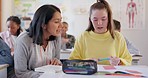 Classroom, girl with stress and teacher with help, studying and notebook with conversation, lesson and knowledge. Students, woman and children writing, teaching and anxiety with learning or education