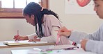 Student, black kid and writing in high school, learning and study in classroom. Teenager, notebook and girl focus at desk on education notes, knowledge exercise and reading development in lesson.