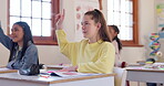 Hands raised, students and question in classroom, education and study in high school. Group learning, teenager and answer, asking why and kids development of knowledge for children listening together