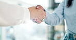 Business people, shaking hands and job interview for Human Resources meeting, welcome and partnership or deal. Professional clients handshake for recruitment, HR hiring and thank you or introduction