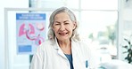 Happy, smile and face of senior doctor in her office in the hospital with confidence and positive attitude. Professional, medical and portrait of elderly woman healthcare worker in a medicare clinic.