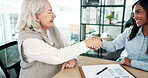 Business women, client handshake and meeting for retirement contract, pension and partnership or deal. Financial advisor and senior person shaking hands for introduction, welcome and asset management