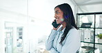 Happy woman, thinking and phone call for business communication, chat and HR networking in office. Worker or human resources person with ideas, virtual feedback and talking on mobile for opportunity