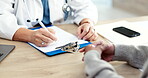 Doctor, patient and hand writing at healthcare consultation with advice, symptoms or checklist. Medical worker and woman at hospital for conversation with clipboard, history form or prescription