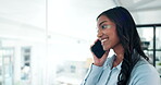 Woman, thinking and answer phone call for business communication, chat and HR networking in office. Worker or human resources person with ideas, happy feedback and talking on mobile for opportunity