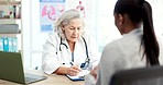 Doctor, patient and writing at healthcare consultation with advice, treatment or questions. Medical worker and woman at hospital for conversation with clipboard, history form or prescription medicine