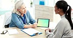 Doctor, patient and tablet green screen for healthcare consultation with results, report or app. Medical worker and woman at hospital for conversation with technology mockup or talking treatment plan