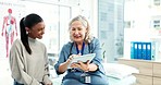 Tablet, happy patient and doctor for healthcare consultation with good news, results or report. Medical worker or nurse and woman at hospital for conversation with technology or talking about success