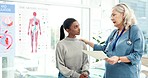 Medical report, discussion and doctor with patient in the office for a wellness consultation. Document, conversation and senior female healthcare worker talking to a young woman in the hospital.