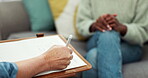 Counseling, mental health and hands of woman in therapy with psychologist, doctor or therapist writing notes on healthcare. Depressed, patient and psychiatrist with medical information and survey