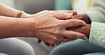 Closeup, people and holding hands for support, empathy and kindness for healing anxiety, depression and mental health. Gratitude, trust and helping hand for praying, psychology and counseling therapy