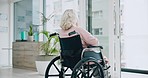 Elderly woman, wheelchair and window for thinking, ideas or memory in living room, house or retirement. Senior lady, rehabilitation or person with disability, remember and reflection in nursing home