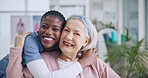 Nurse, old woman and hug in portrait, elderly care and happiness with wellness, retirement home and health. Support, help and trust, people at hospital with friendship and caregiver with patient