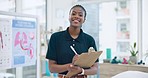 Physiotherapist, face or woman writing healthcare info for physiotherapy or health consultation. Smile, portrait or African chiropractor with clipboard for check up to evaluate reflexology in body 