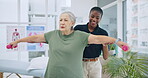 Physiotherapy, weightlifting and old woman patient with chiropractor, muscle training and health with dumbbells. Help, support and elderly care, rehabilitation in consultation with people at clinic