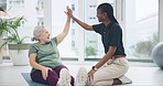 Physiotherapy, chiropractor and old woman, high five and stretching with success, fitness and help with rehabilitation. Health, wellness and senior care with body, support and celebrate at clinic