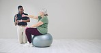 Dumbbells, stretching arms or physiotherapist with old woman for exercise, fitness or workout in recovery. Physical therapy, ball or mature client training with personal trainer in rehabilitation 