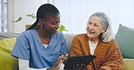 Nurse, senior woman and tablet for home, retirement planning and social media services or streaming app. Professional doctor, caregiver and elderly patient on sofa with digital technology or internet