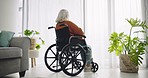 Senior woman, wheelchair and window for thinking, ideas or memory in living room, house or retirement. Elderly lady, rehabilitation or person with disability, remember and nostalgia in nursing home