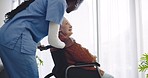 Senior woman, wheelchair and nurse by window, thinking and smile for help, support and care in retirement. Caregiver, nursing home and person with disability, patient and happy for rehabilitation