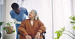 Support, medical and nurse with old woman and wheelchair user for consulting, retirement or rehabilitation. Healthcare, medicine or wellness with senior patient and caregiver in hospital for helping